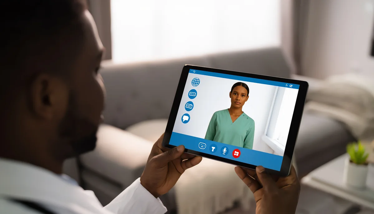 Illustration of a person viewing a digital healthcare guide on a tablet