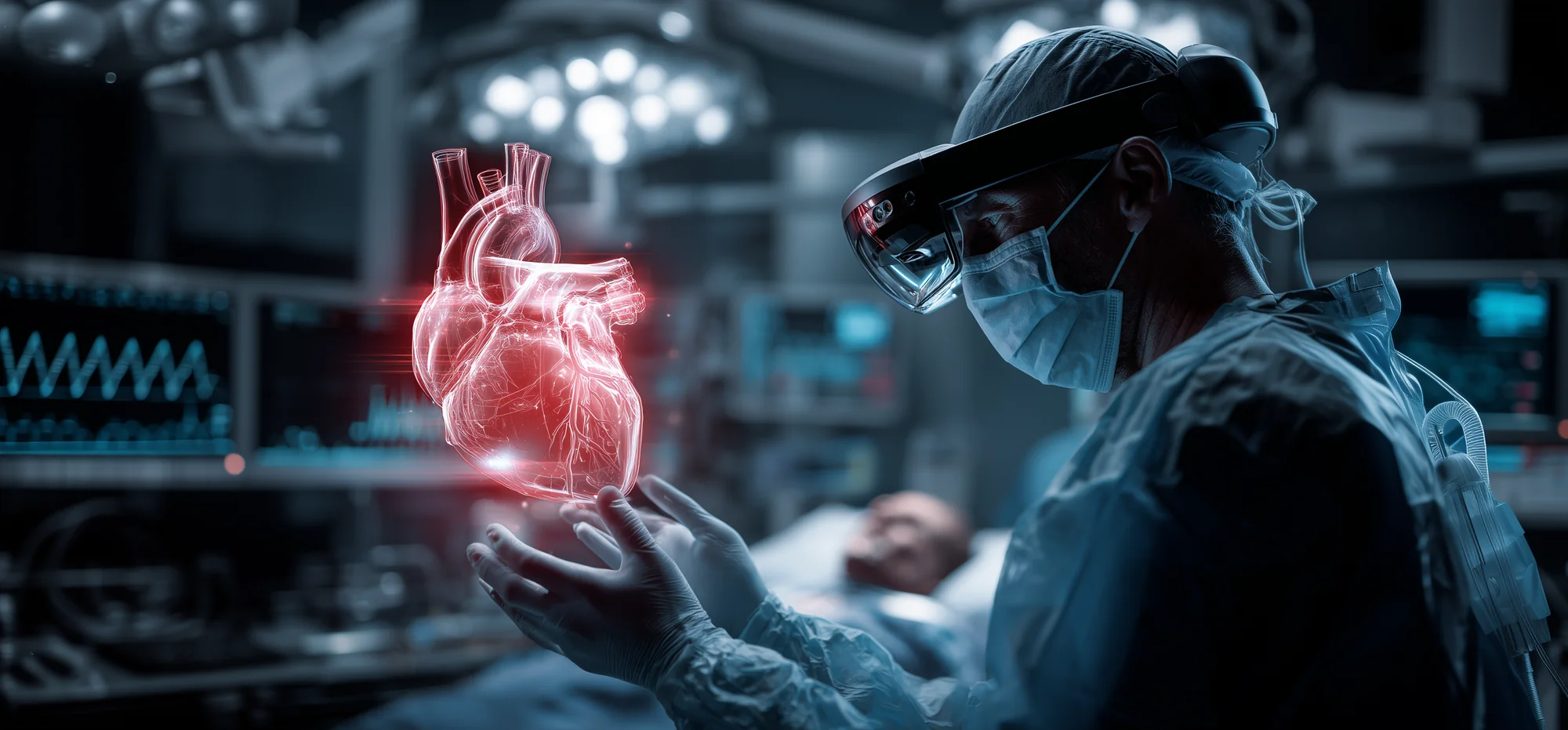 Illustration of a clinician viewing a three-dimensional heart through an XR headset