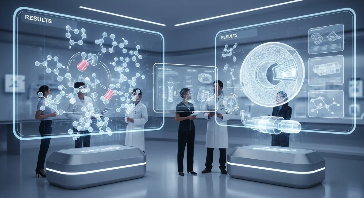 Illustration of a team exploring molecular and medical device models in 3D