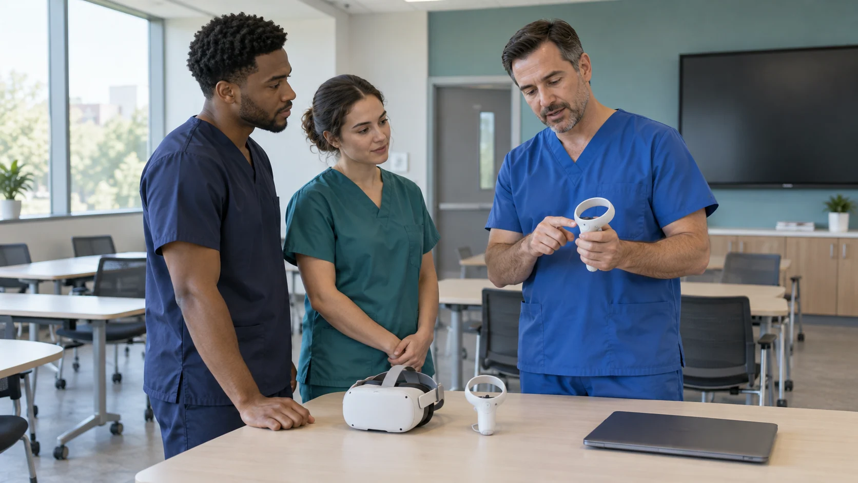 Medical instructor demonstrating a VR controller to trainees in a simulation classroom