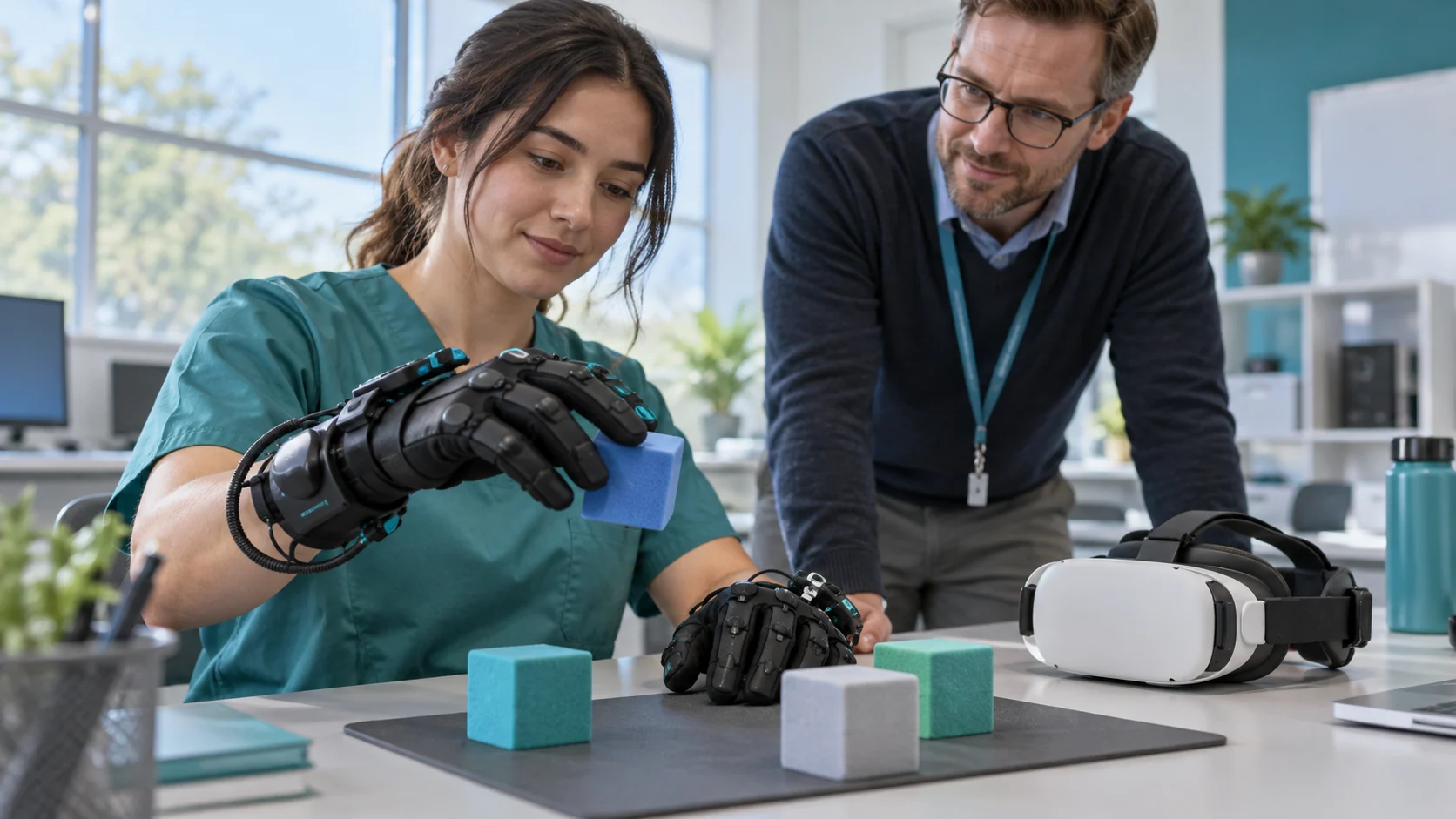 Healthcare student practicing with haptic gloves and a foam cube in a technology classroom
