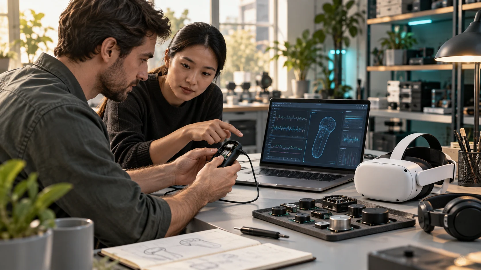 Engineers calibrating haptic feedback equipment for educational XR simulators