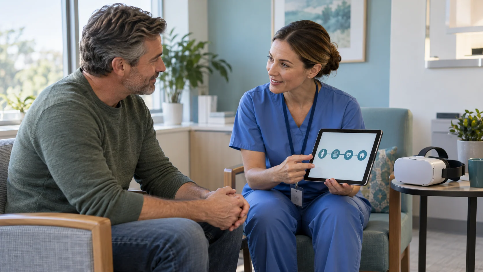 Patient and nurse preparing for a virtual reality education session before surgery